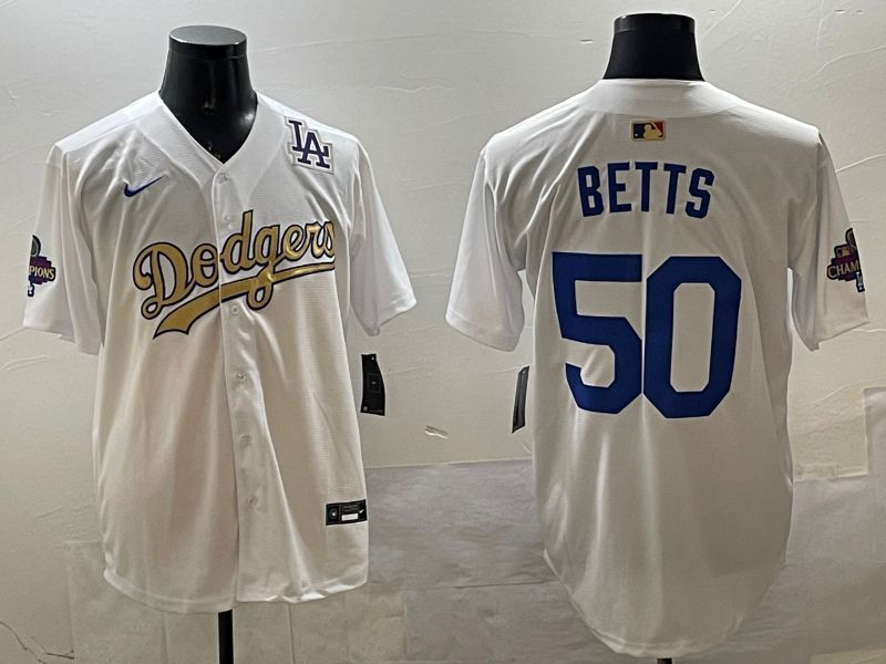 Men Los Angeles Dodgers #50 Betts White Champion gold character 2025 Nike MLB Jersey style 3315->los angeles dodgers->MLB Jersey